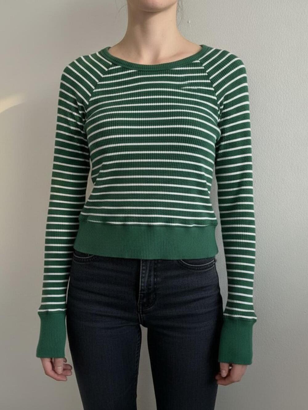 Aerie OFFLINE Green Striped Crop Sweater Medium Coastal Preppy Knit Top